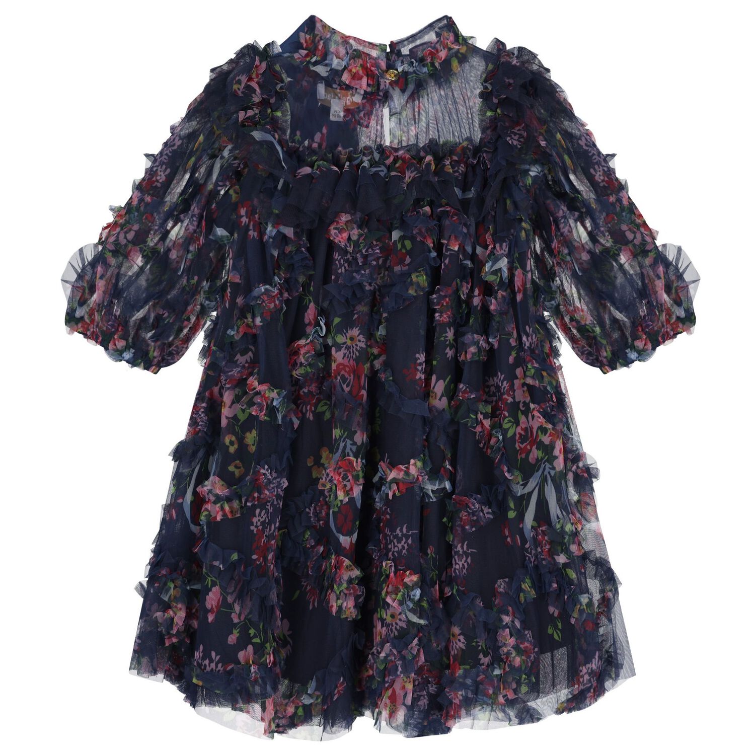 Girls Navy Blue Floral Ruffled Tulle Dress, 1, hi-res