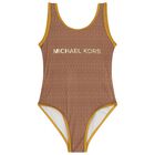 Girls Mini Me Brown & Gold Logo Swimsuit, 1, hi-res
