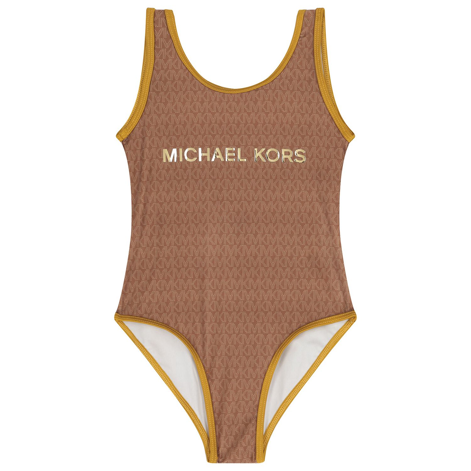 Girls Mini Me Brown & Gold Logo Swimsuit, 1, hi-res