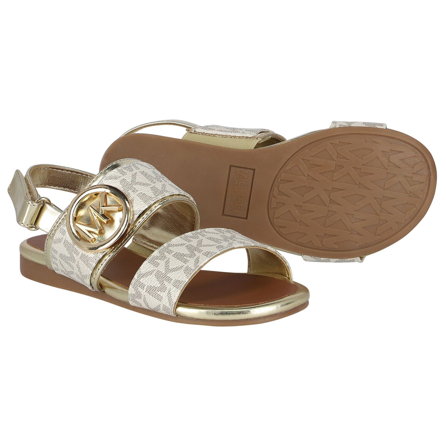 Girls Ivory & Gold Logo Sandals, 1, hi-res