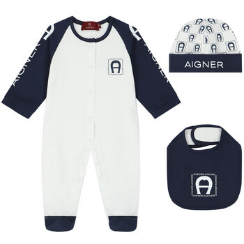Baby Boys Navy Blue & White Logo Babygrow Set