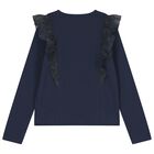 Girls Navy Blue Glittery Tulle Long Sleeve Top, 1, hi-res