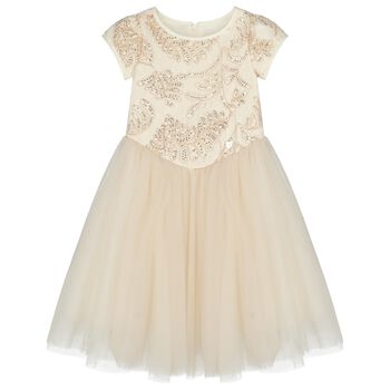 Girls Beige & Gold Tulle Dress