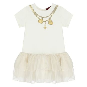 Younger Girls Ivory Necklace Logo Dress