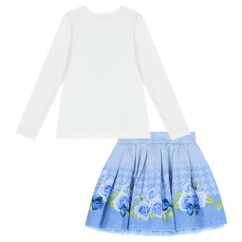 Girls White & Blue Floral Skirt Set