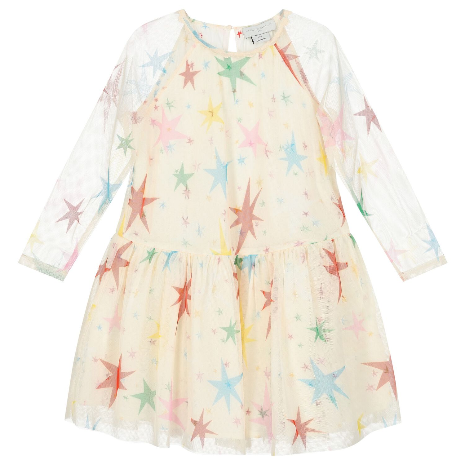 فستان بنات تول بطبعة نجوم باللون العاجي , 1, hi-res