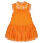 Girls Orange Dotted Tulle Dress, 1, hi-res