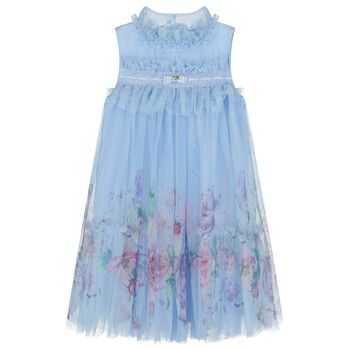 Girls Blue Floral Tulle Dress