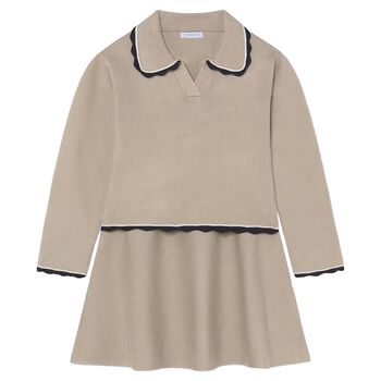 Girls Beige Knitted Skirt Set