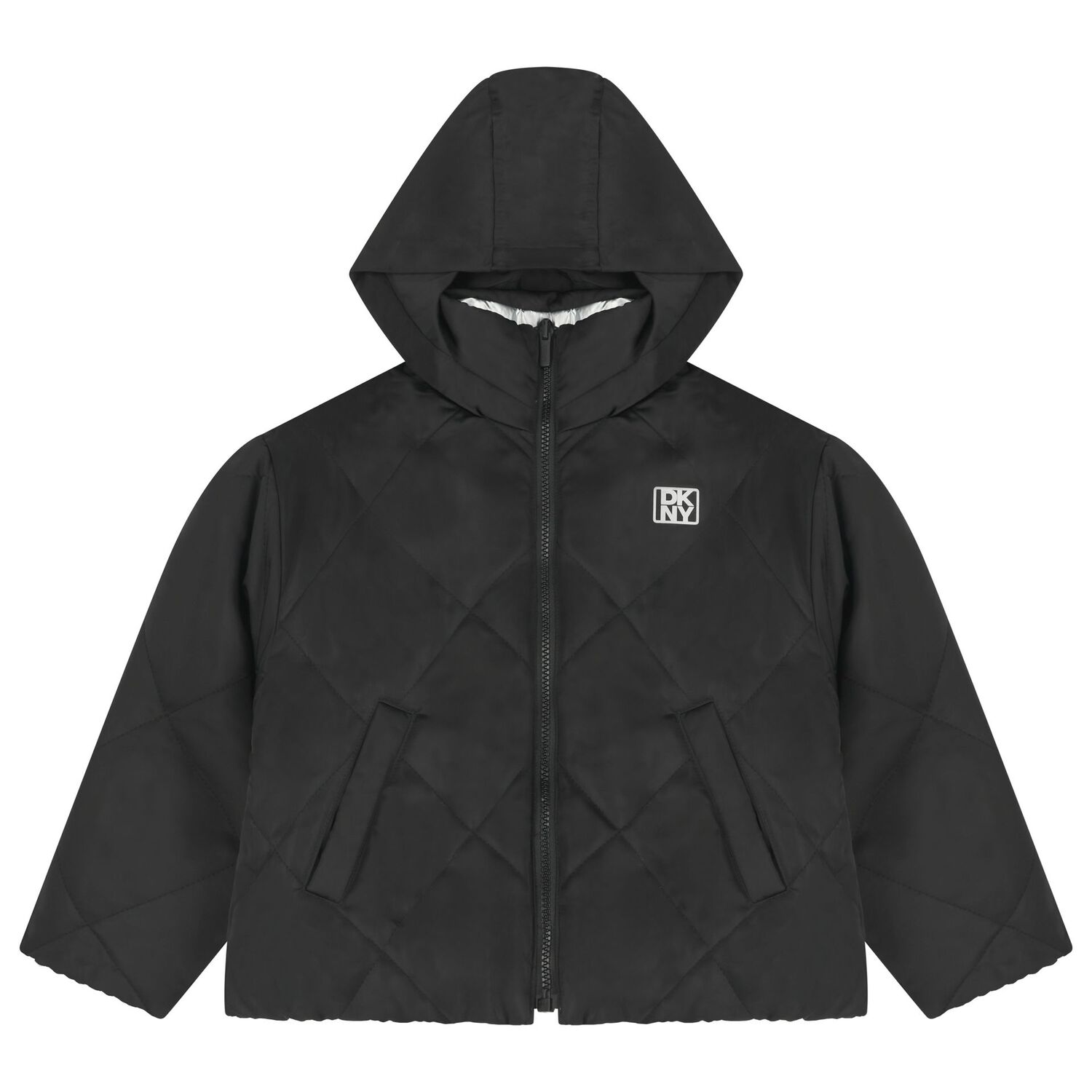 جاكيت منفوخ قابل للعكس بشعار فضي وأسود للبنات, 1, hi-res