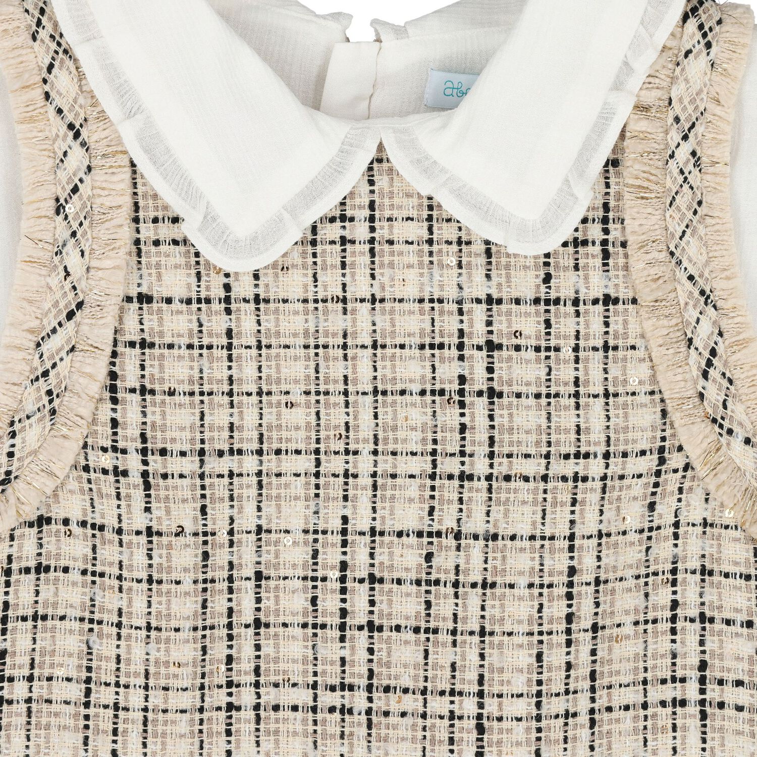 Girls Beige & White Tweed Pinafore Dress, 1, hi-res