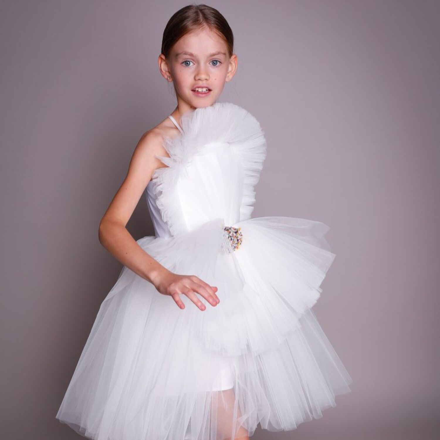 Girls White Flower Tulle Dress, 1, hi-res image number null