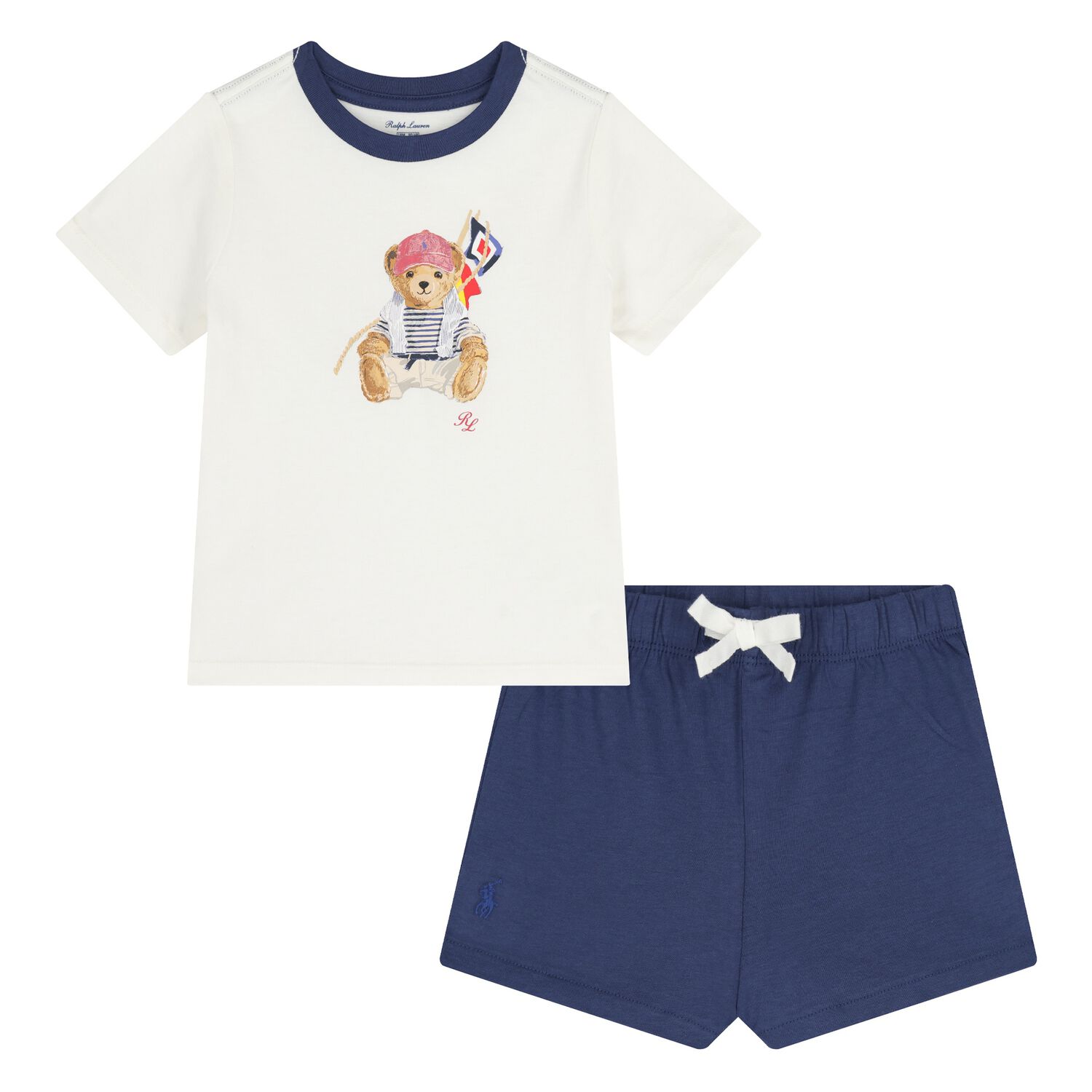Baby Boys White and Navy Blue Logo Short Set , 1, hi-res