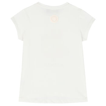 Girls White Cat Print Logo T-Shirt