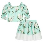 Girls Green Floral Skirt Set, 1, hi-res