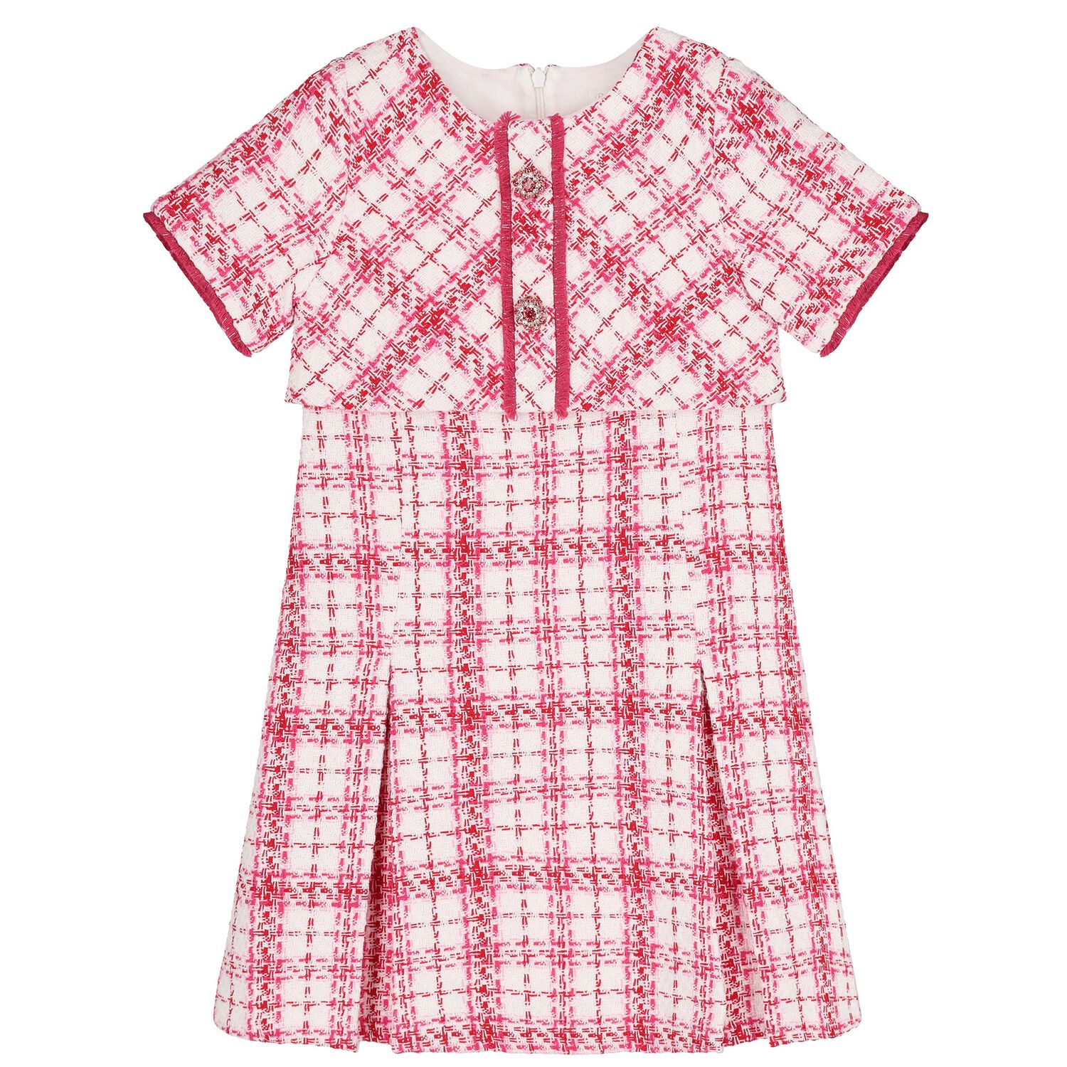 Girls Pink & White Check Tweed Dress, 1, hi-res
