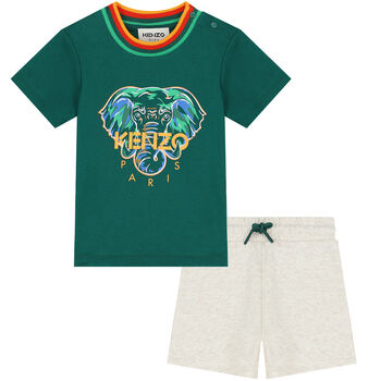 Younger Boys Green & Beige Logo Shorts Set