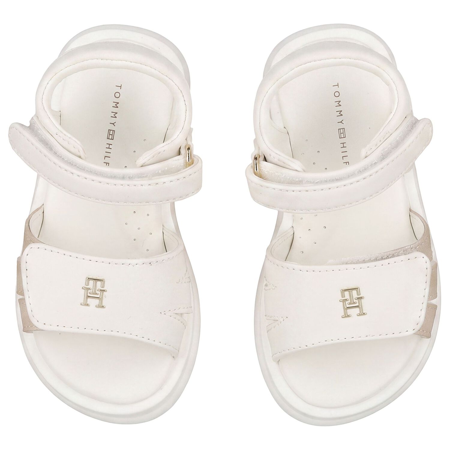 Girls White & Gold Logo Sandals, 2, hi-res