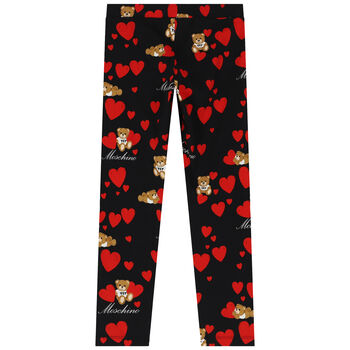 Girls Black Teddy Bear & Hearts Leggings