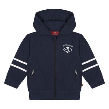 Younger Boys Navy Blue Logo Hooded Zip Up Top