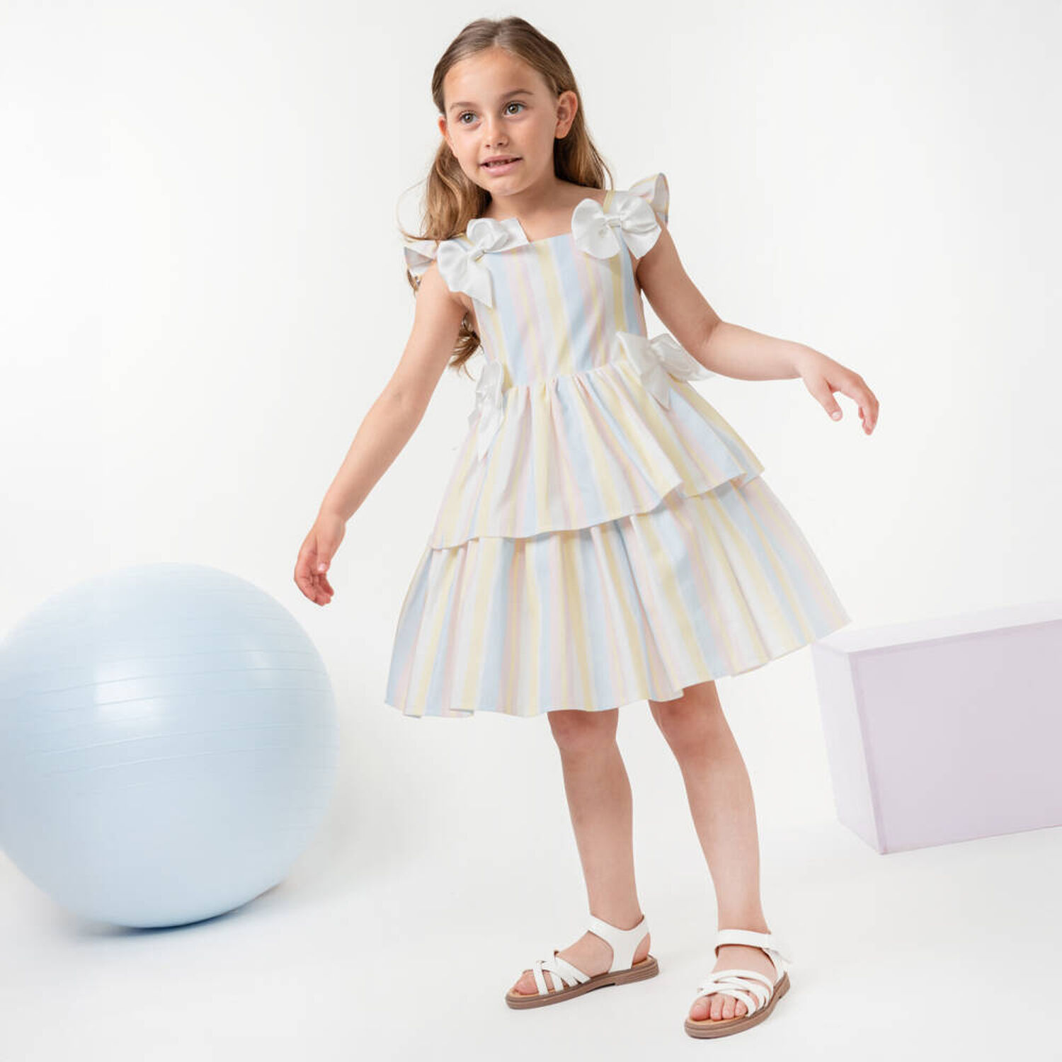 Girls Multicoloured Striped Bow Dress, 1, hi-res