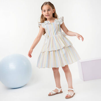 Girls Multicoloured Striped Bow Dress
