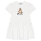 Girls White Teddy Bear Logo Dress, 1, hi-res