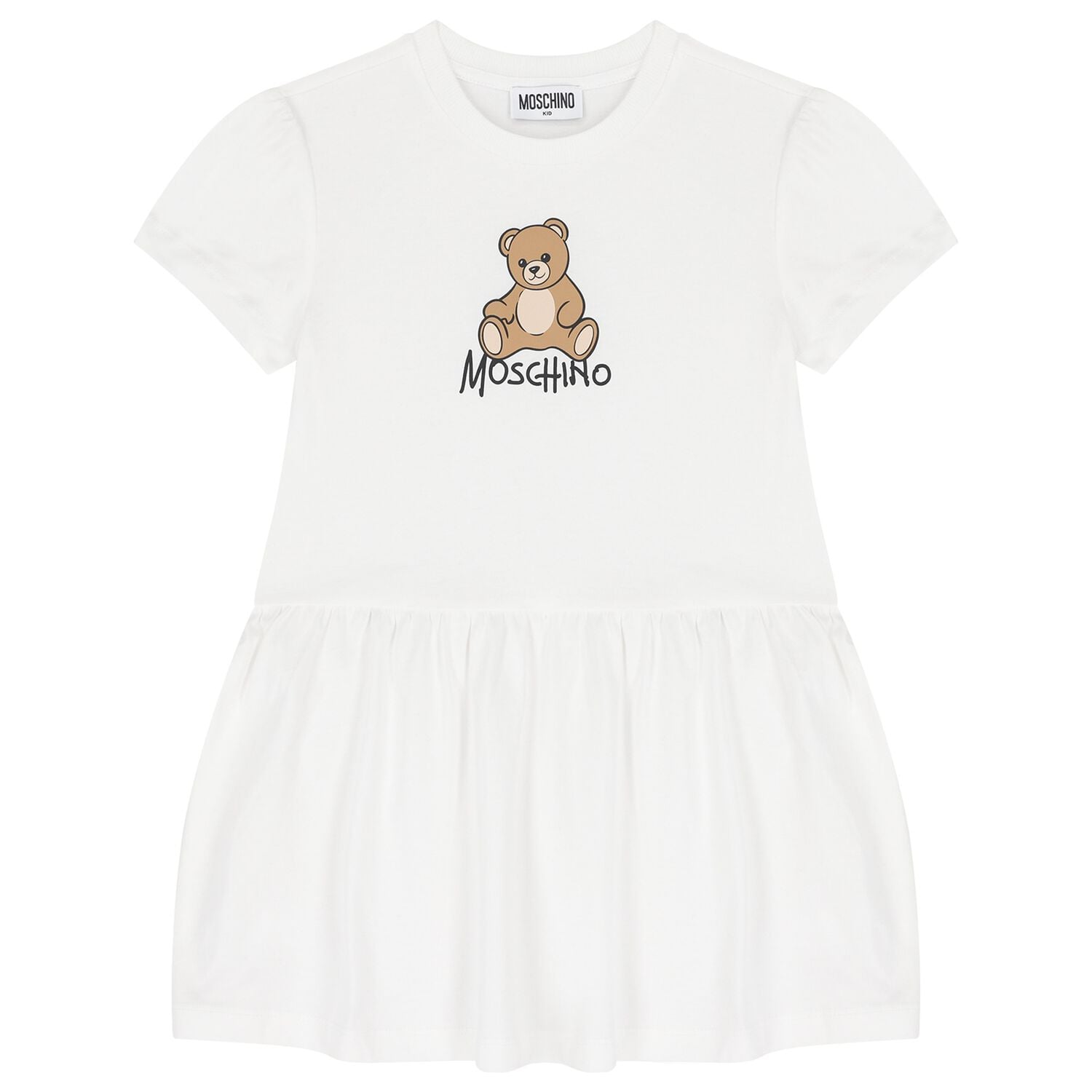 Girls White Teddy Bear Logo Dress, 1, hi-res