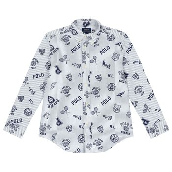 تيشيرت أولاد بالشعار مخطط باللون الأبيض والأزرق