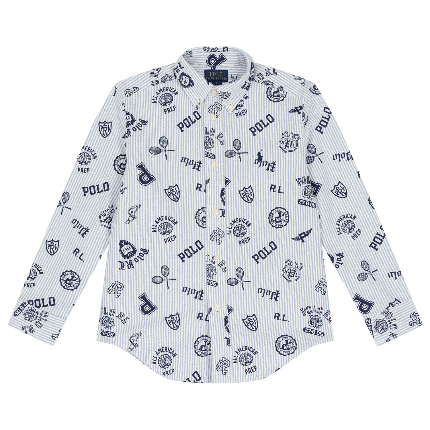 تيشيرت أولاد بالشعار مخطط باللون الأبيض والأزرق, 1, hi-res image number null