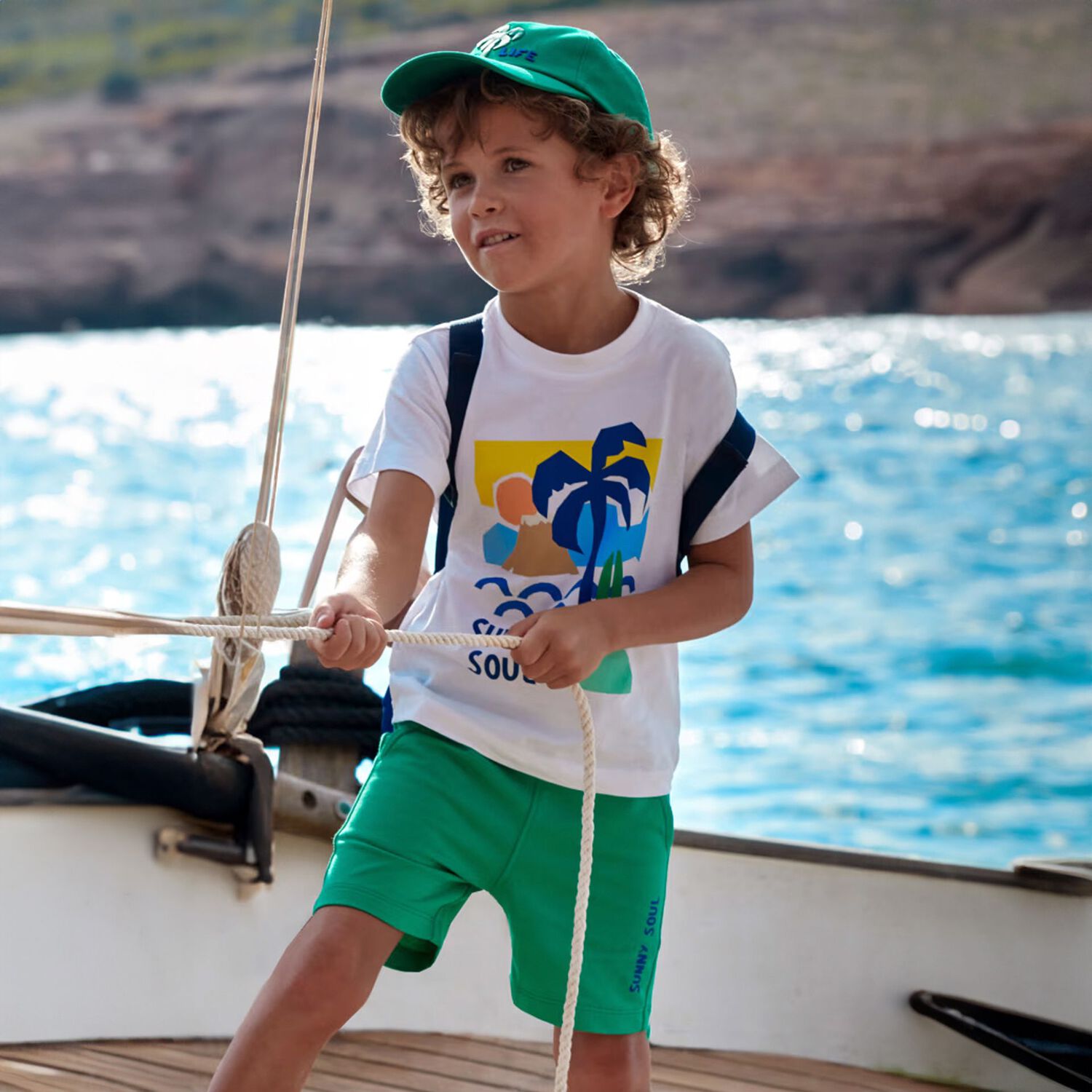 Boys White & Green Palm Tree Shorts Set, 1, hi-res image number null