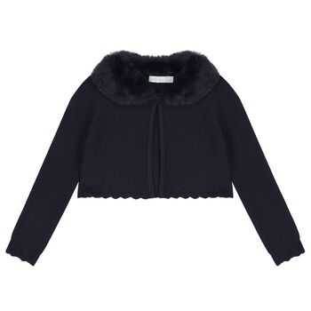 Girls Blue Faux Fur Collar Cardigan