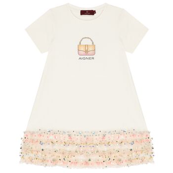 فستان بنات مزين بالترتر بطبعة حقيبة باللون العاجي