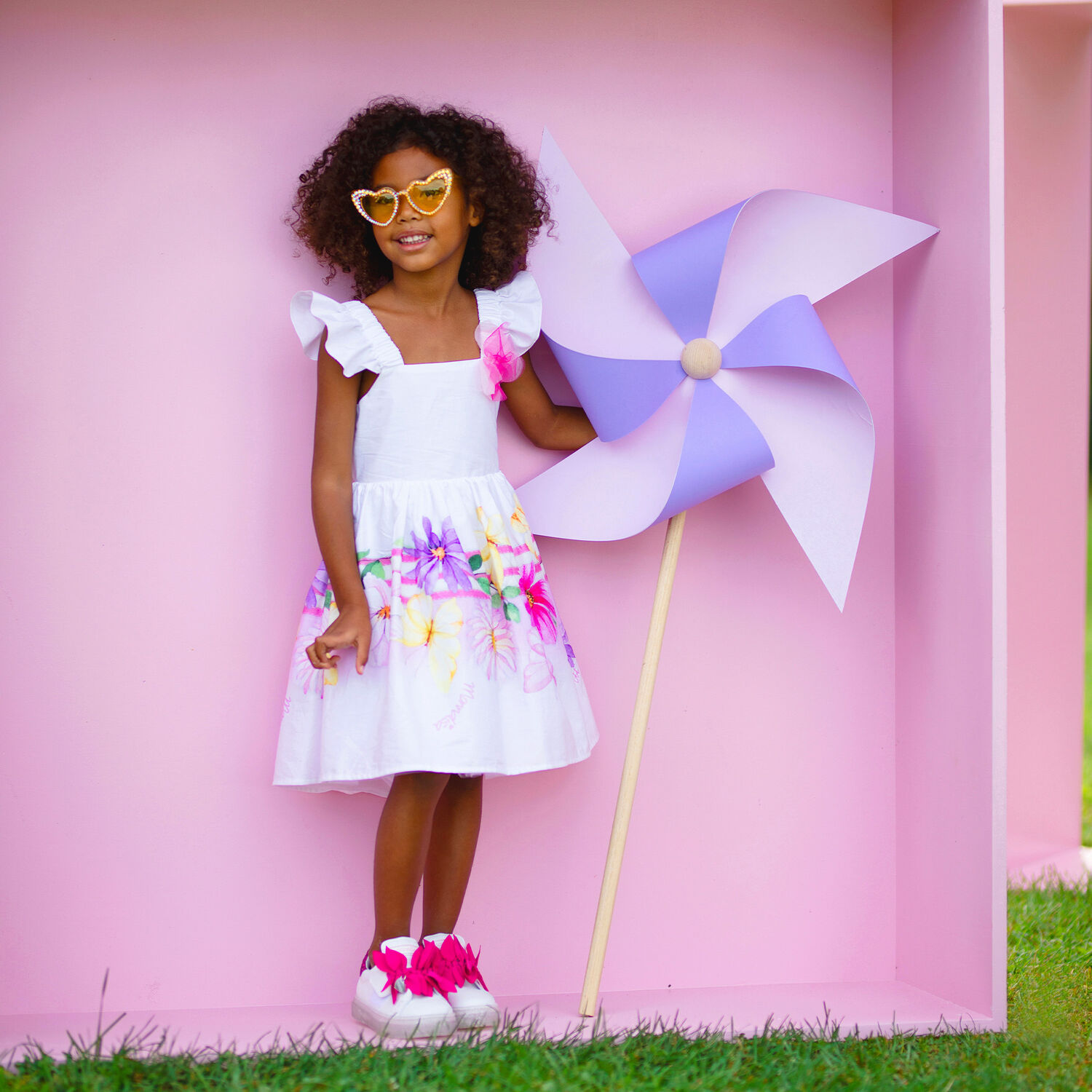 فستان بنات بطبعة الزهور باللون الابيض, 1, hi-res