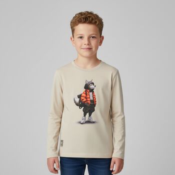 Boys Beige Wolf Long Sleeve Top