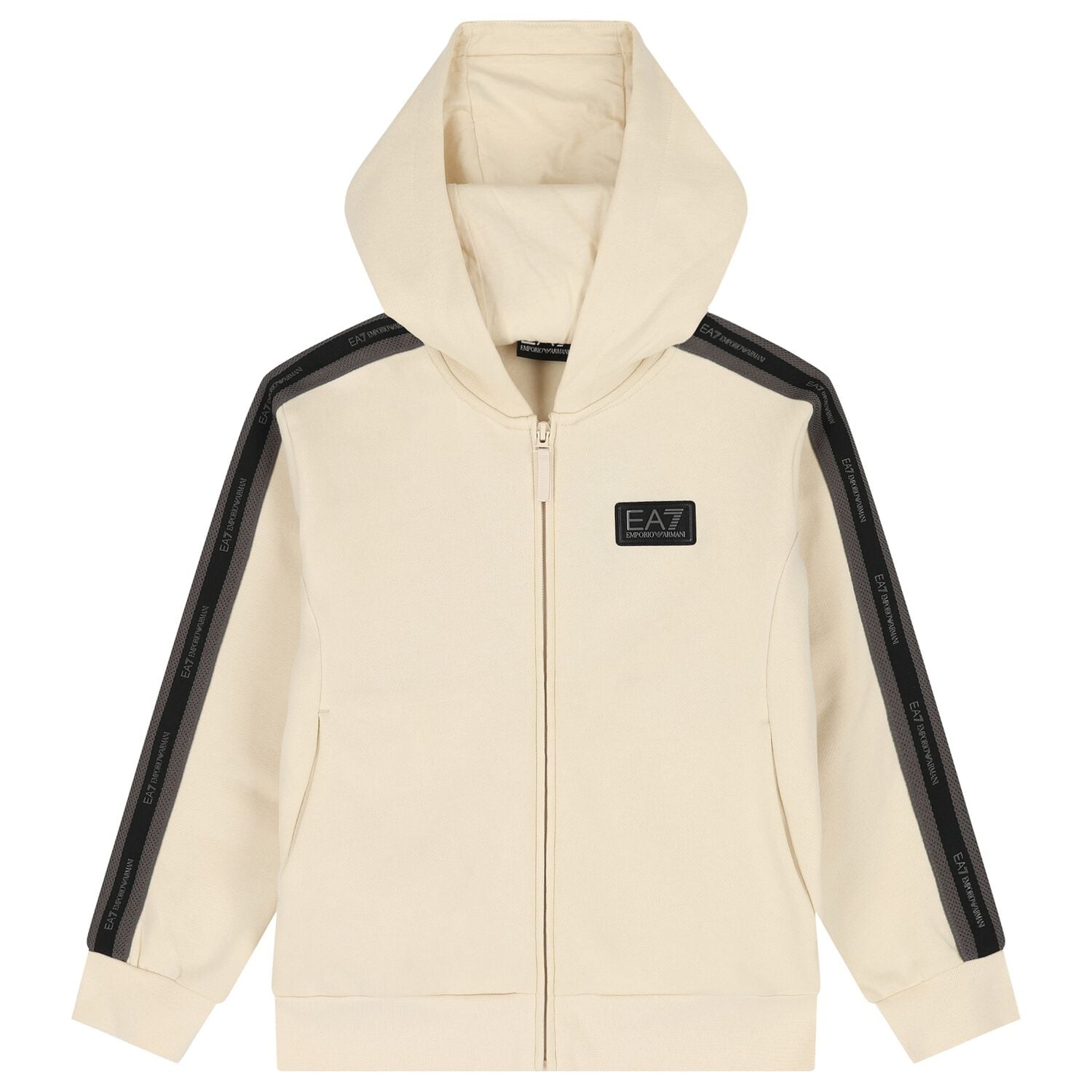 Boys Beige & Black Logo Hooded Zip Up Top , 1, hi-res