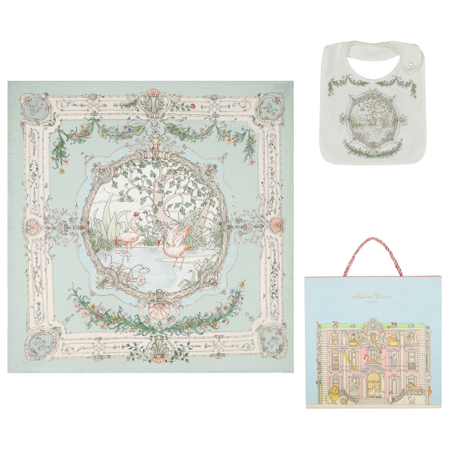 Ivory & Blue Tapestry Baby Swaddle & Bib Gift Set, 1, hi-res