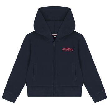 Girls Navy Blue Logo Hooded Zip Up Top