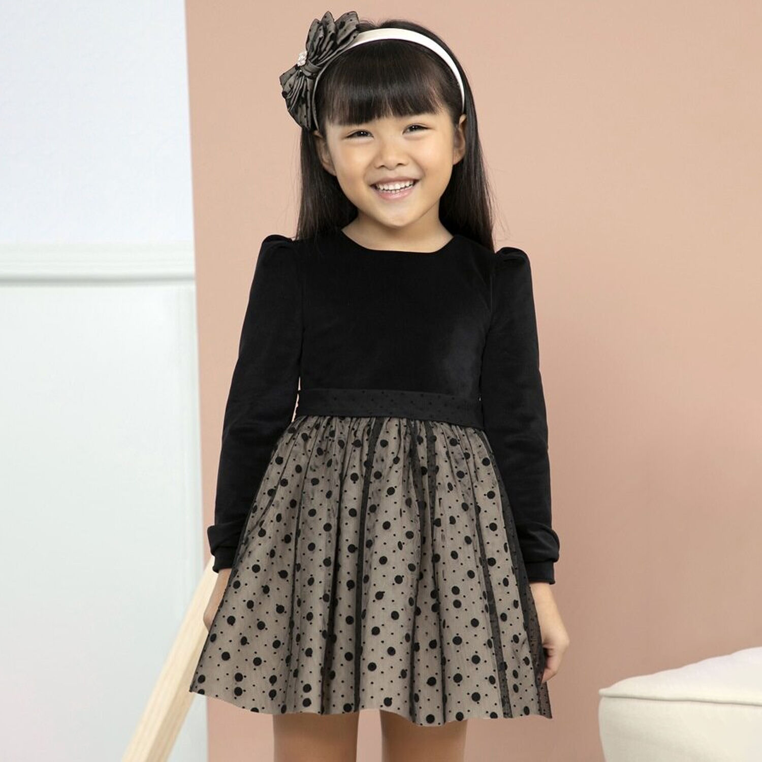 Girls Black Velvet & Tulle Dress, 1, hi-res
