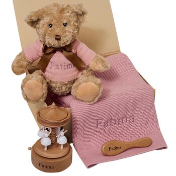 مجموعة هدايا مواليد للبنات بتصميم كاروسيل موسيقي وردي اللون، قابلة للتخصيص