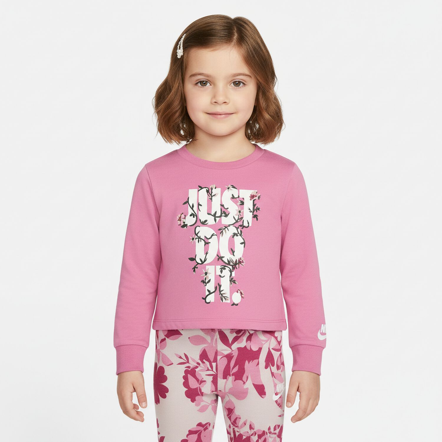 طقم ليجنز بناتي مزين بالزهور بالشعار باللون الوردي, 1, hi-res image number null