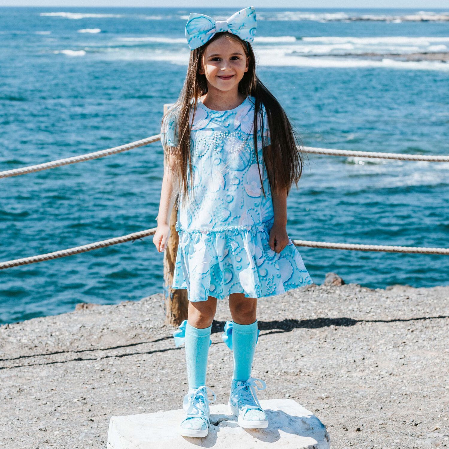 Girls Blue Logo Pearl Dress, 1, hi-res