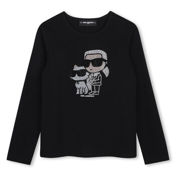 Girls Mini Me Black Ikonik Karl & Choupette Long Sleeve Top