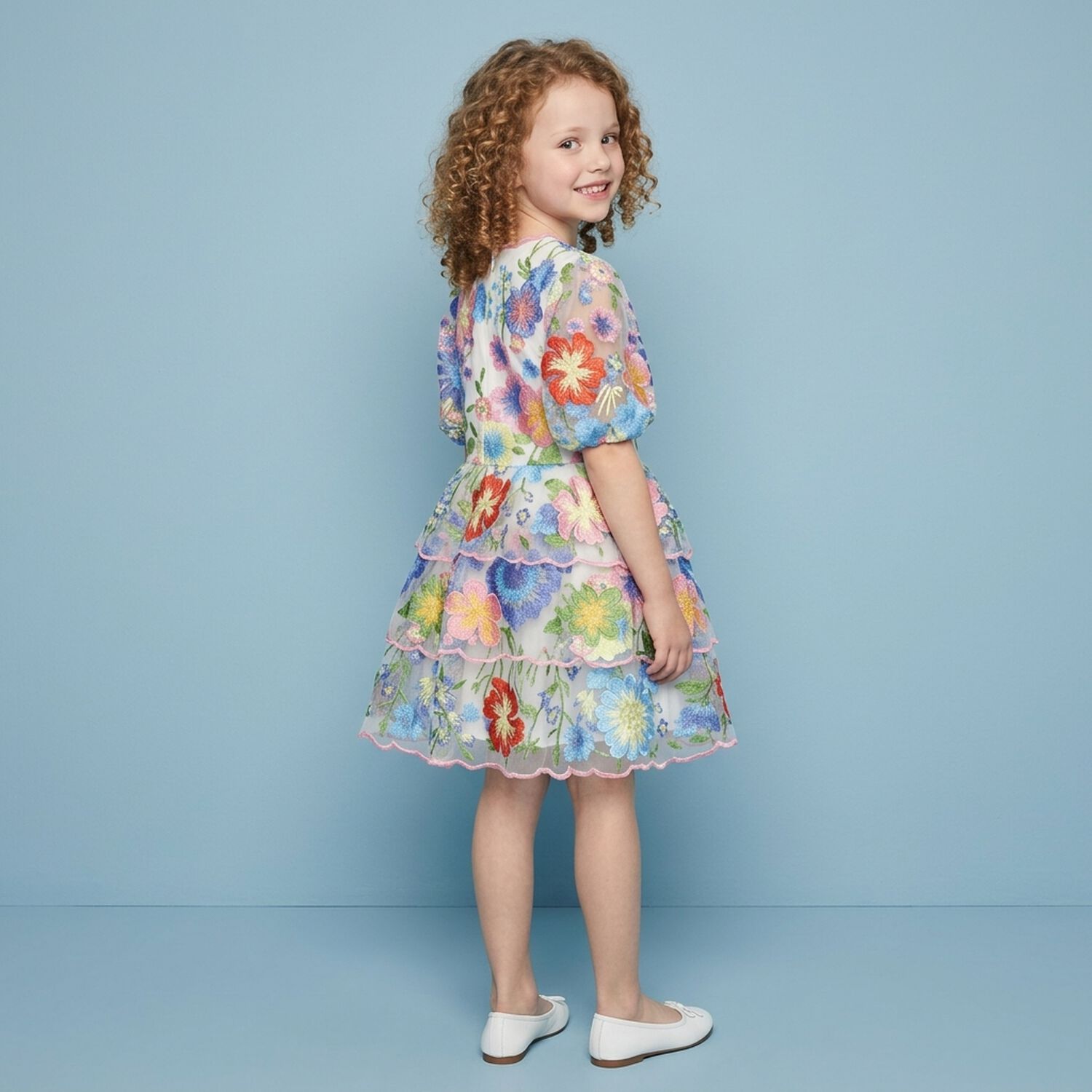 Girls Pink & Blue Embroidered Floral Dress, 1, hi-res