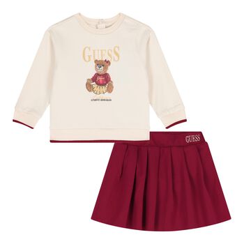 Baby Ivory & Burgundy Teddy Bear Skirt Set