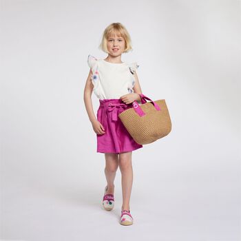 Girls Pink & Beige Straw Handbag