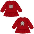 Younger Girls Red Cat Long Sleeve Dress, 2, hi-res