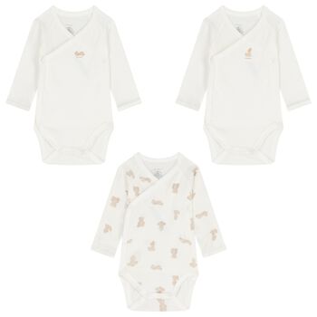 Ivory & Beige Teddy Bear Logo Baby Bodysuit ( 3-Pack )