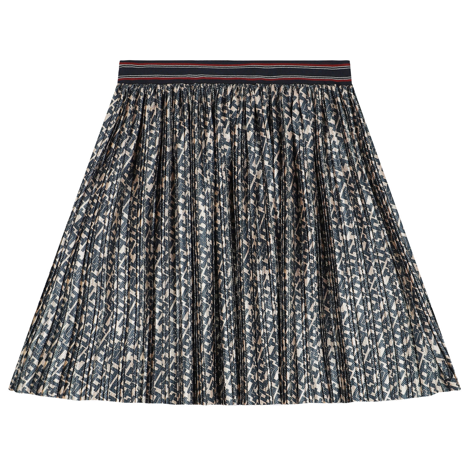 Girls Navy & Gold Logo Pleated Skirt, 1, hi-res