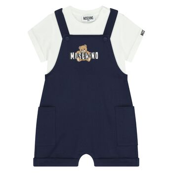 Younger Navy Blue & White Teddy Bear Logo Dungaree Set